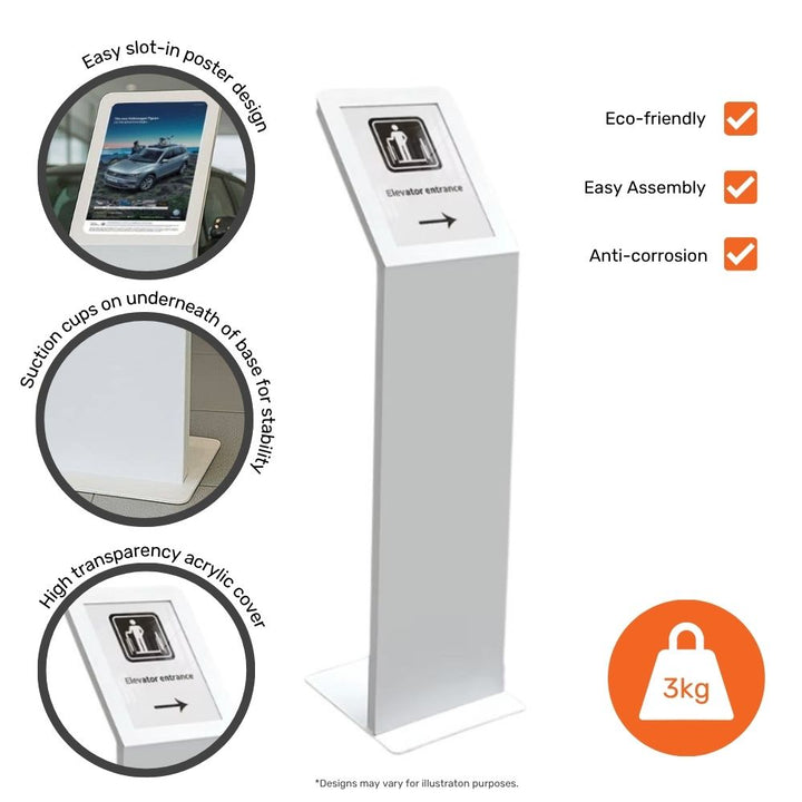 Feature panel: slot-in poster design, suction cups on the base for stability, high-transparency acrylic cover, 3kg, eco-friendly and anti-corrosion.
