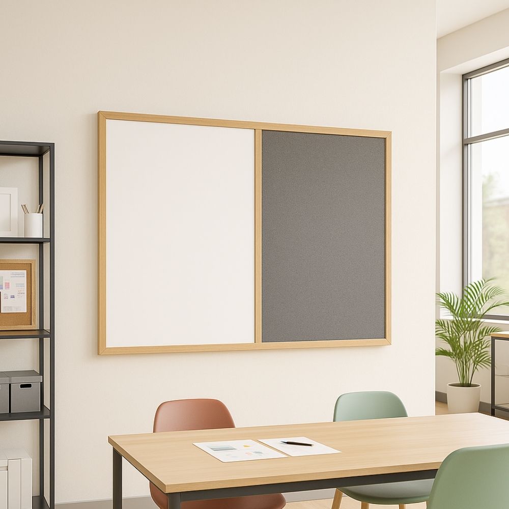 White and grey combination board with wooden frame mounted on a wall in a modern office meeting room with light wooden furniture, colourful chairs, and natural daylight from large windows.
