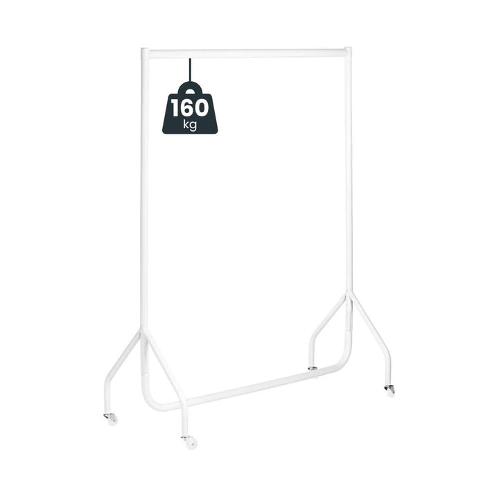 White 4ft heavy-duty steel clothes rail on castors with 160kg maximum load capacity icon — SATRA tested under BS EN 16121 for healthcare and commercial use.
