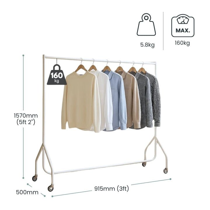 Dimension diagram: white single-tier clothes rail 915mm wide, 1570mm tall, 500mm deep, 5.8kg unit weight, 160kg maximum load, shirts on the bar.
