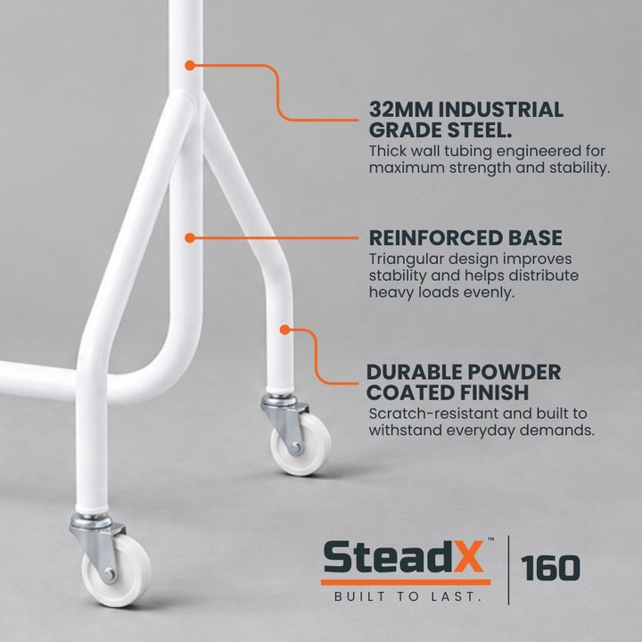 Close-up of white commercial clothes rail showing 32mm industrial-grade steel tubing, reinforced base and durable powder-coated finish.