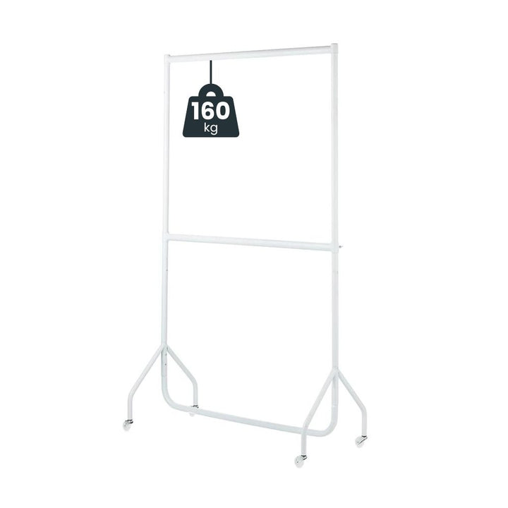 Empty white two-tier clothes rail on castors with 160kg maximum load capacity icon — SATRA-tested under BS EN 16121 for commercial retail and institutional use.
