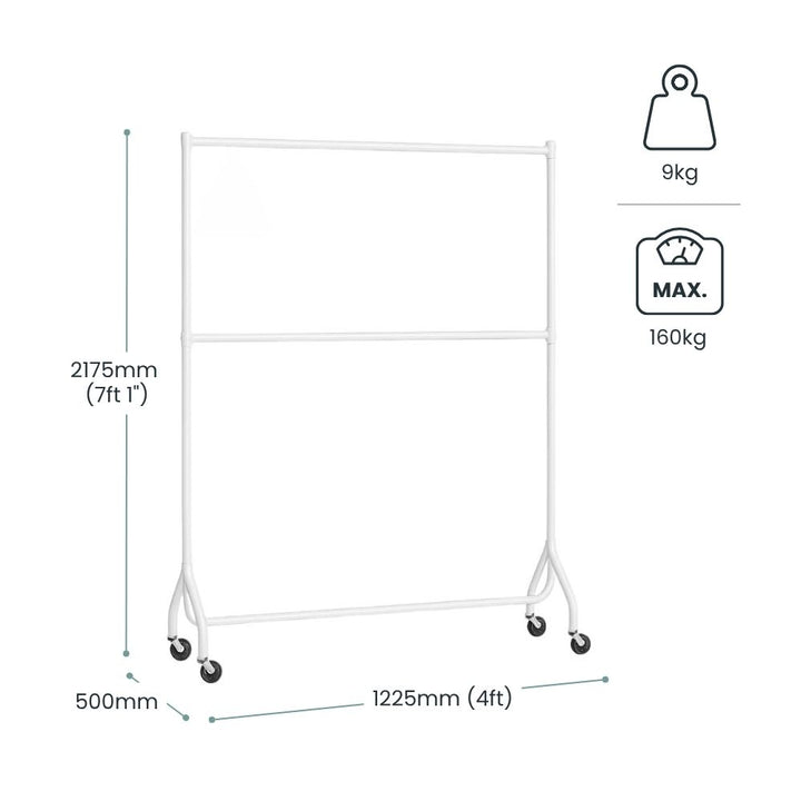 white-metal-double-rail-clothes-rack-with-wheels-1225mm-width-2175mm-height-500mm-depth-9kg-weight-with-160kg-maximum-load-for-retail-or-storage