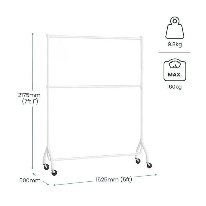white-metal-double-rail-clothes-rack-with-wheels-1525mm-width-2175mm-height-500mm-depth-9-8kg-weight-with-160kg-maximum-load-for-retail-or-storage