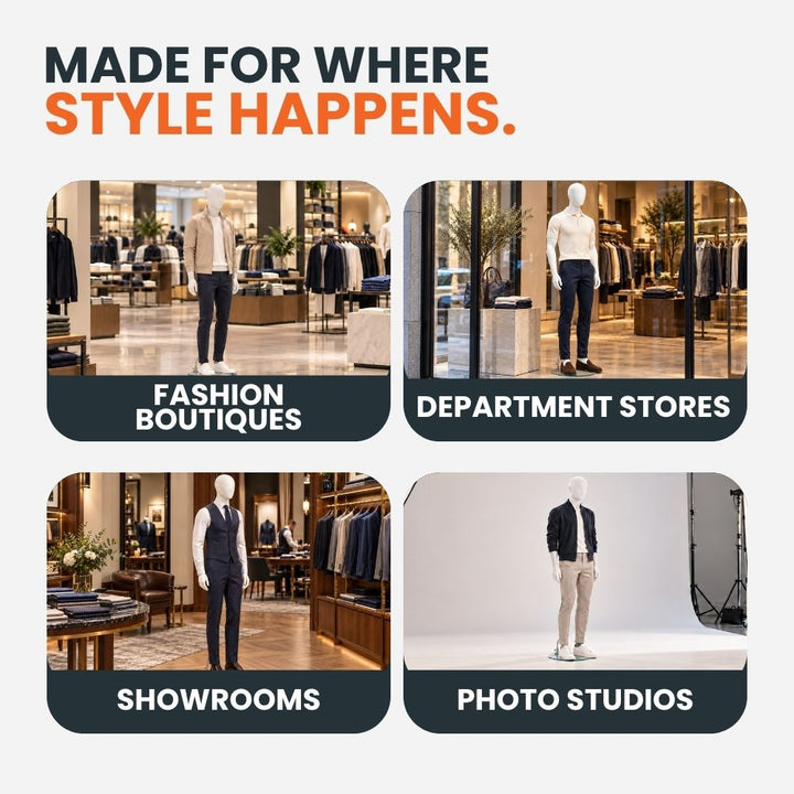 White male mannequin displayed across fashion boutiques, department stores, showrooms and photo studios for clothing presentation and visual merchandising.