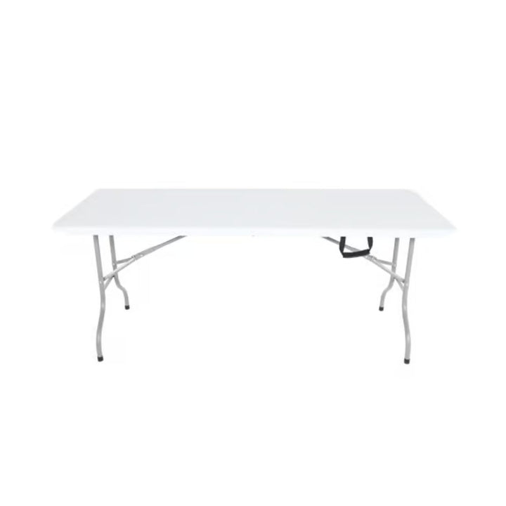 Rectangular white folding banquet table with metal legs and integrated carry handle isolated on a white background.