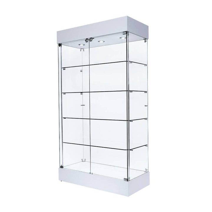 Empty white wooden frameless glass display cabinet with double doors, four glass shelves and LED spots in the crown, on a white background.
