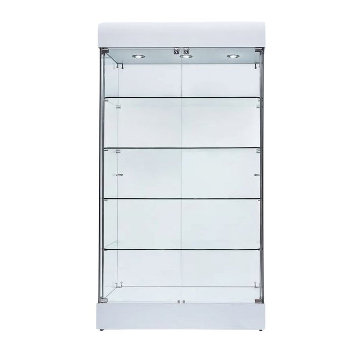 Front-on view of an empty white frameless glass display cabinet, four glass shelves, double doors with centre latch, LED spots in the crown.

