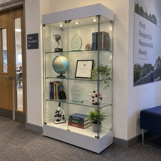 Double Door Lockable White Wooden Frameless Glass Display Cabinet - 800mm