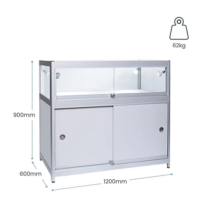 White glass display counter with lower storage cabinet, 1200mm width and 900mm height, suitable for retail environments.