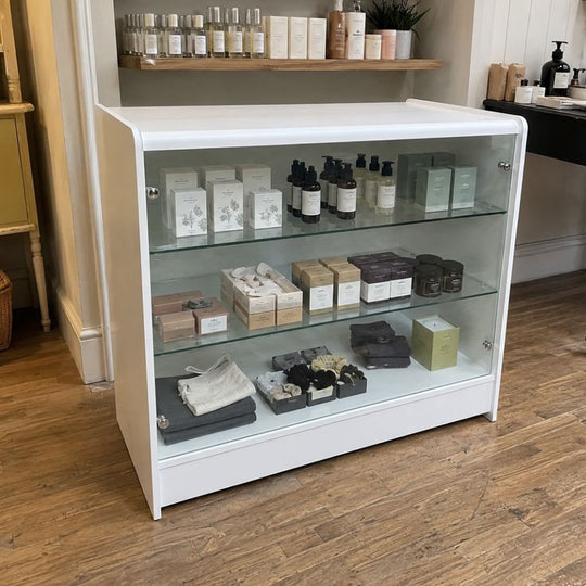 White Wooden Lockable Glass Retail Counter with 2 Glass Shelves 900mm High x 1200mm Wide