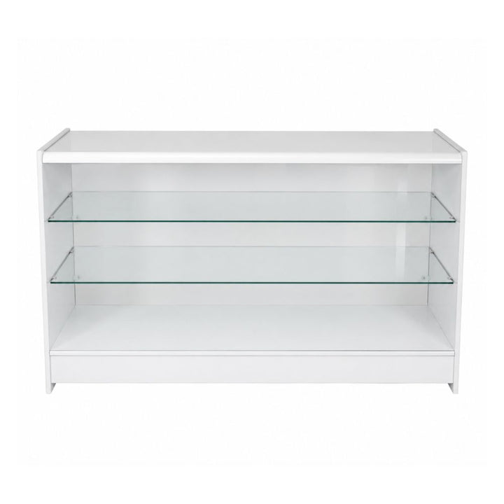Straight front product view of a white glass retail showcase counter with two full-width glass shelves, a clear glazed display area and a sturdy white wooden frame for presenting accessories, gifts, beauty products, collectables and impulse-buy items in retail stores.