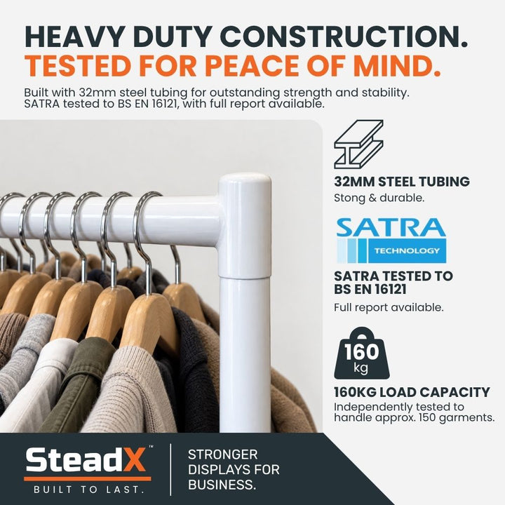 Close-up of white heavy-duty clothes rail with 32mm steel tubing, SATRA tested construction and 160kg load capacity.