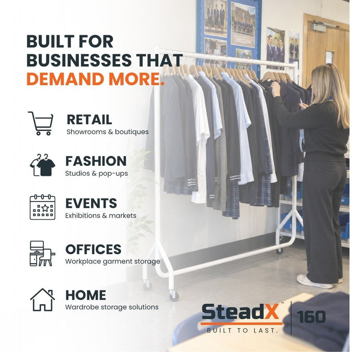 White heavy-duty clothes rail with garments in a commercial education setting, suitable for retail, fashion, events, offices and storage.
