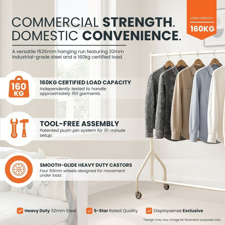 white-commercial-grade-clothing-rail-with-160kg-load-capacity-featuring-heavy-duty-steel-frame-smooth-glide-castors-and-tool-free-assembly-for-retail-or-home-use