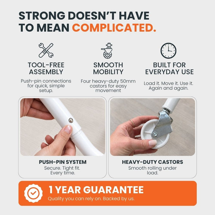 White heavy-duty garment rail with tool-free push-pin assembly and four heavy-duty castors for easy movement under load.