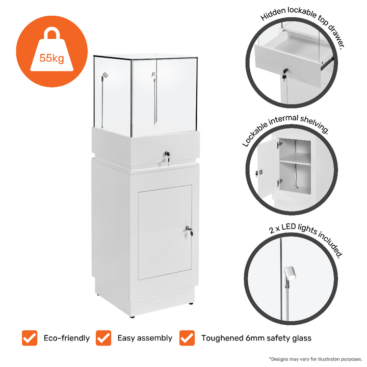 White wood display unit – 1400mm plinth with LED lights, hidden drawer and lockable shelving system