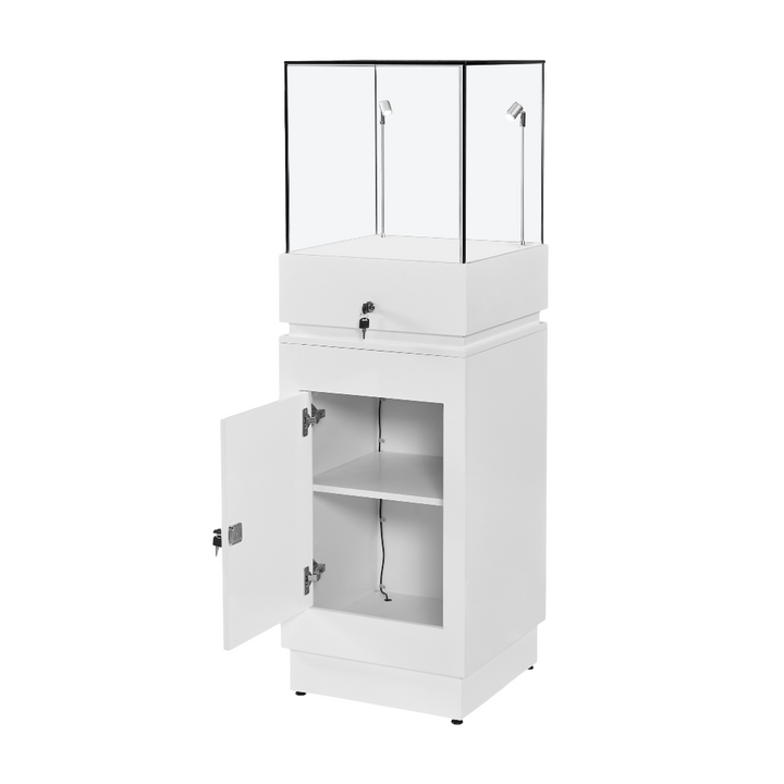 Tall white wooden pedestal – LED-lit display plinth with lockable drawer and internal shelf for visual merchandising