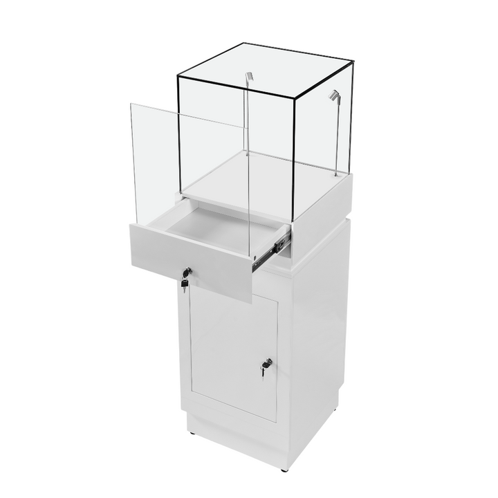 White lockable display unit – 1600mm freestanding wooden plinth with LED lighting and concealed storage features