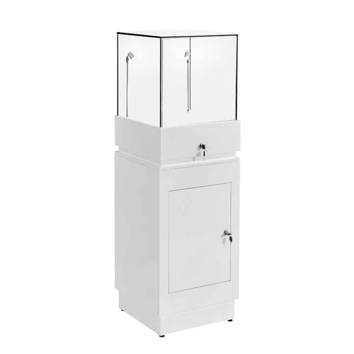 White retail display plinth – 1600mm high wooden cabinet with 2 LED spotlights, lockable storage and shelf