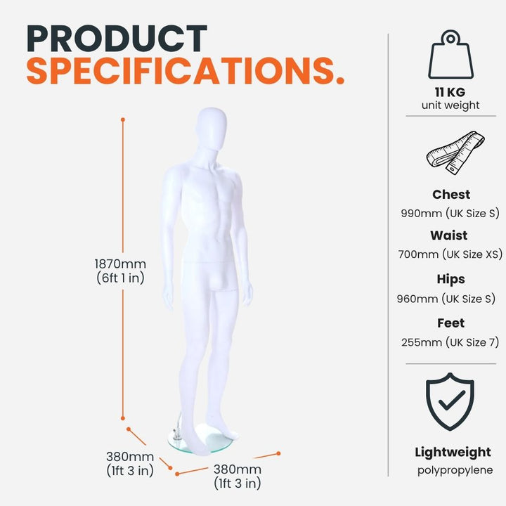 White male mannequin specification graphic showing 1870mm height, 990mm chest, 700mm waist, 960mm hips, 255mm feet and a 380mm glass base.