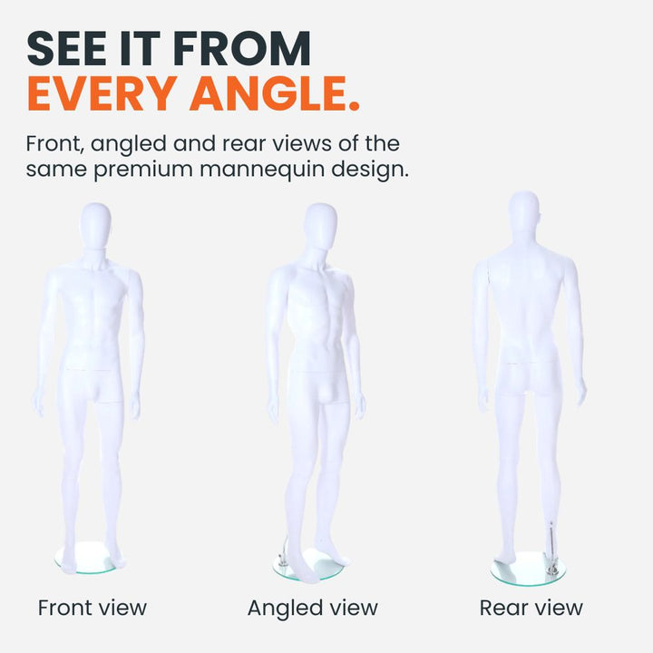 Three views of the white male mannequin illustrate its front, angled and rear profile, including the neutral standing pose and glass base.