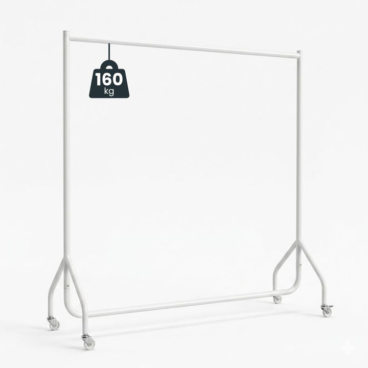 Bare white frame against plain backing, a 160kg load marker suspended from the single hanging bar above four rolling castors, ready for boutique use.
