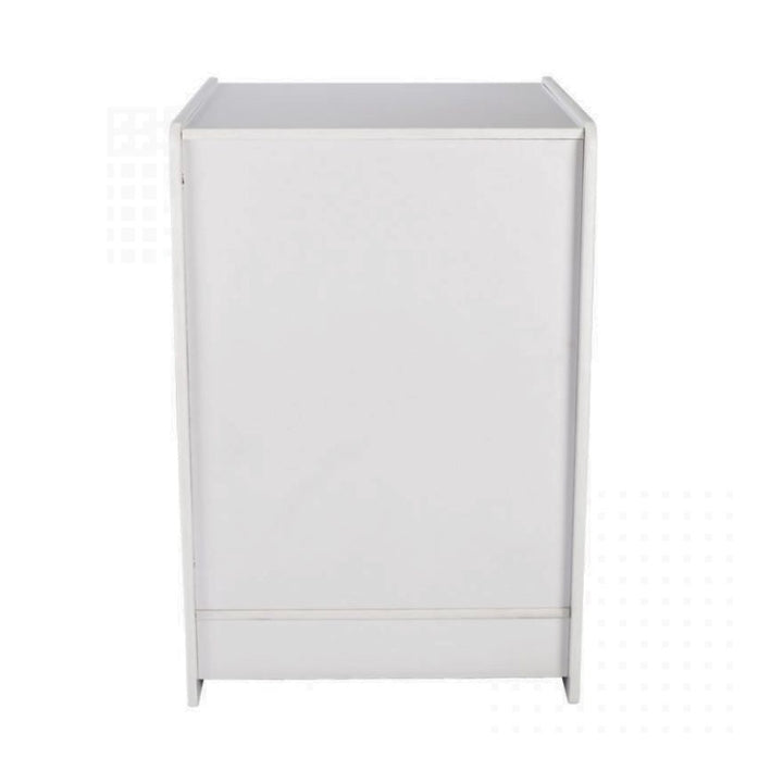 Rear view of a white wooden retail till block with solid back panel and compact freestanding design, suited to retail checkout layouts, small shop counters, pop-up stores and customer-facing point-of-sale spaces where a clean white finish is required.