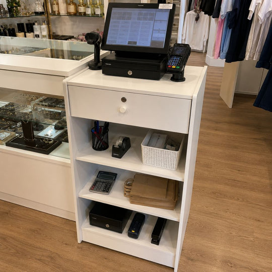 White Wooden Retail Till Block with Lockable Drawer & 2 Shelves 900mm High x 600mm Wide