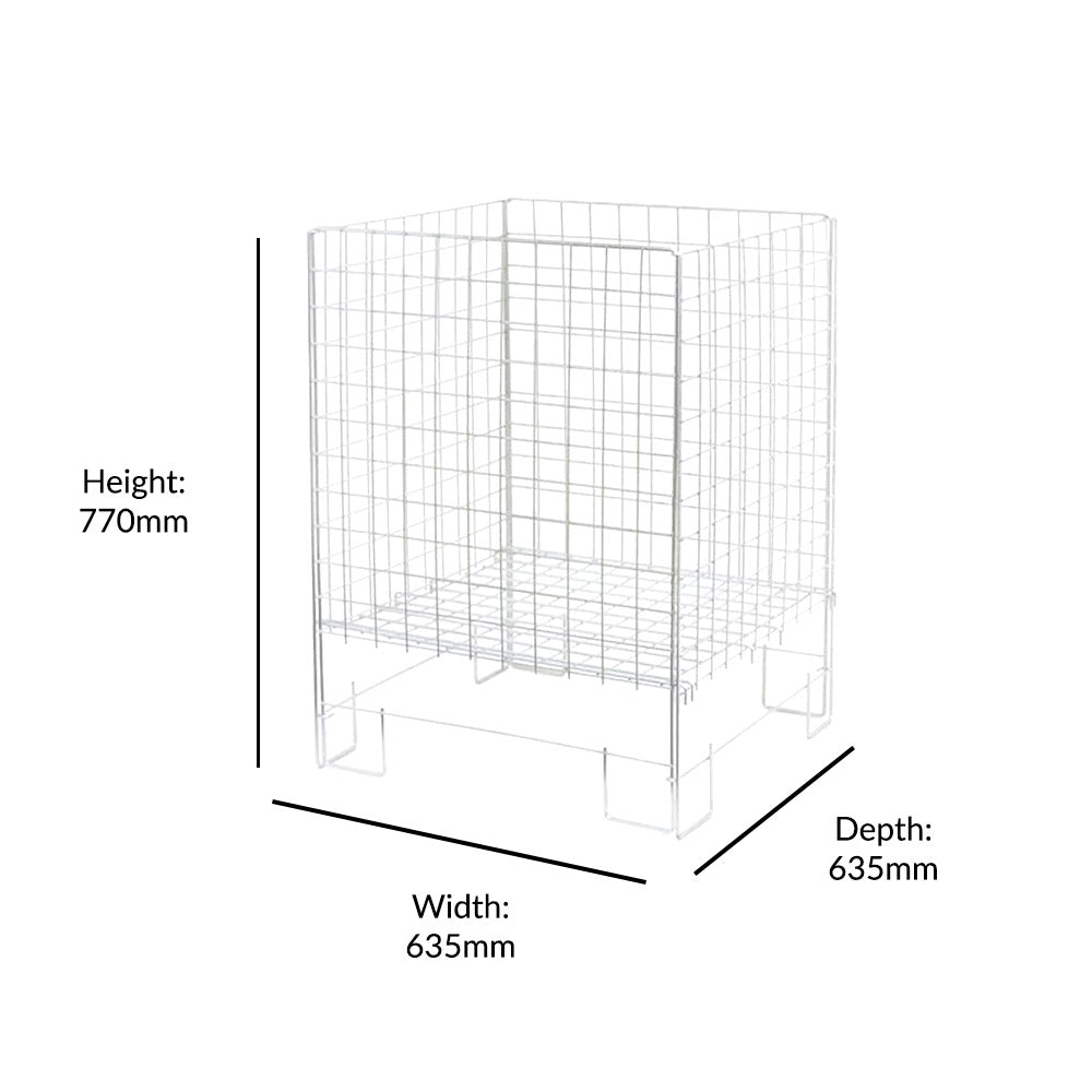 Durable steel dump bin in white with a rust-resistant finish, collapsible design, and dimensions of 635mm x 770mm.
