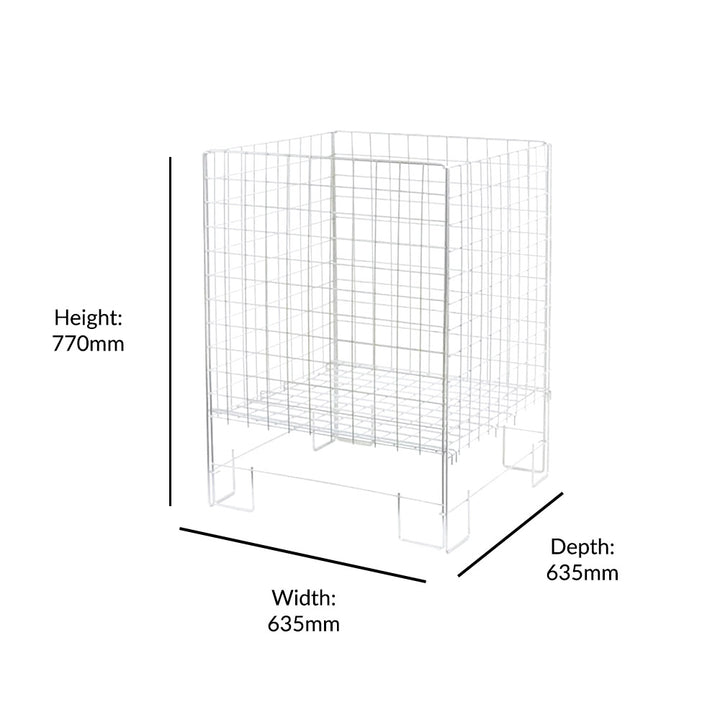 Durable steel dump bin in white with a rust-resistant finish, collapsible design, and dimensions of 635mm x 770mm.
