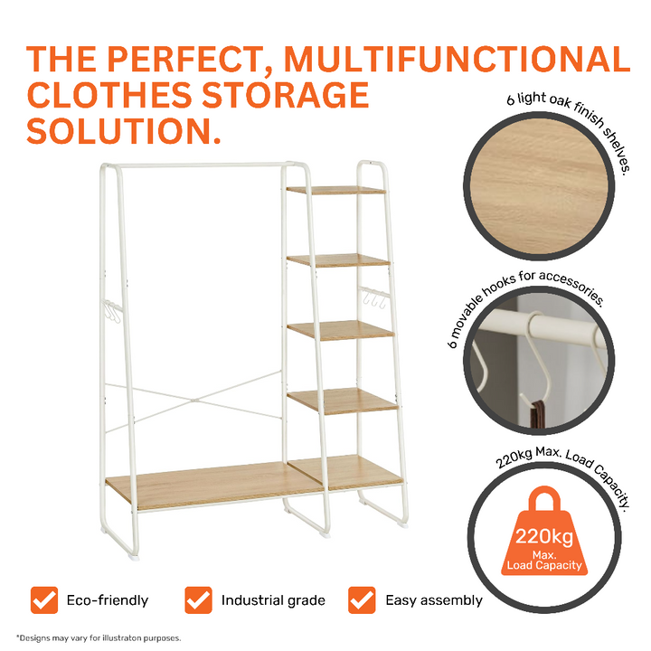 Multi-tier white steel garment rack – 5 wooden shelves and hanging hooks for home, dorm or boutique use
