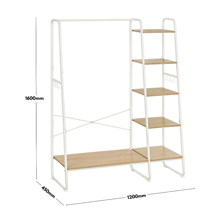 Versatile white steel organiser – clothes rail with light wood shelves and side hooks for coats and accessories