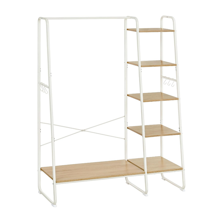 Freestanding white clothes rail – includes 5 light wood shelves and metal hooks for compact clothing storage
