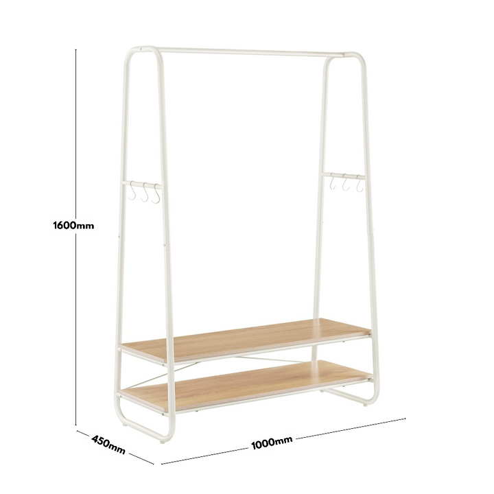 Versatile hallway or entryway unit – white steel clothes rail with light wood shelving and hook set