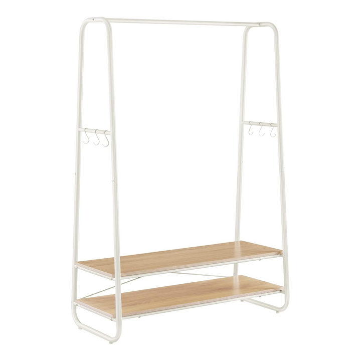 Freestanding white garment rail – features wooden shelving and side hooks for compact storage