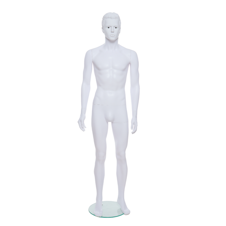 Sleek white male mannequin with a modern stylistic design, standing upright for professional clothing presentations.
