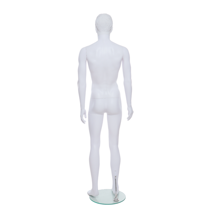 Contemporary upright male mannequin in white, featuring a minimalist and artistic stylistic form for retail and exhibitions.
