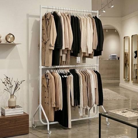 4ft Wide x 7ft Tall Two-Tier White Commercial Grade Heavy Duty Steel Clothes Rail With 160kg Load Capacity