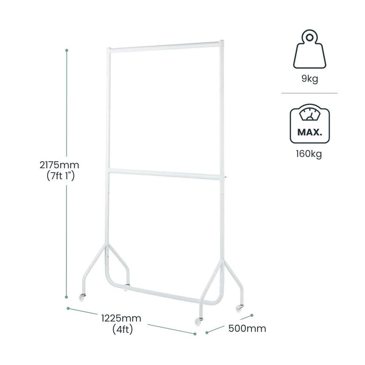 Dimension diagram for a white two-tier clothes rail: 2175mm maximum height with extensions, 1225mm wide, 9kg, 160kg max load on a 4ft wide frame.
