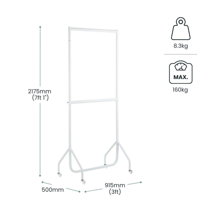 Two-tier white steel clothes rail with labelled dimensions and icons showing 2175mm height, 915mm width, 500mm depth and 160kg maximum load capacity.