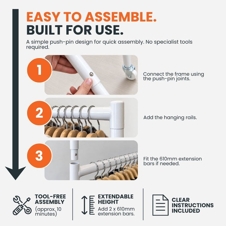 White two-tier heavy-duty clothes rail showing push-pin tool-free assembly and removable extension bars.