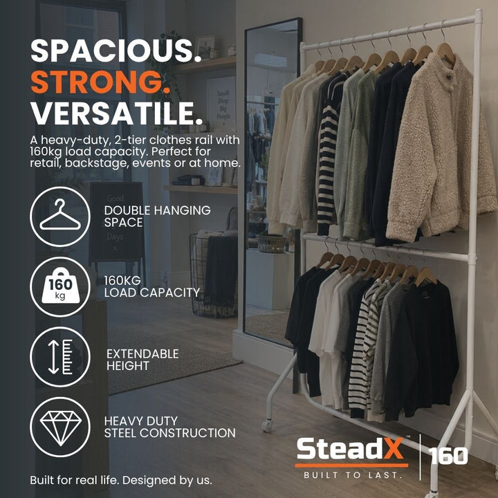 White two-tier heavy-duty clothes rail with garments, 160kg load capacity, double hanging space and extendable height.