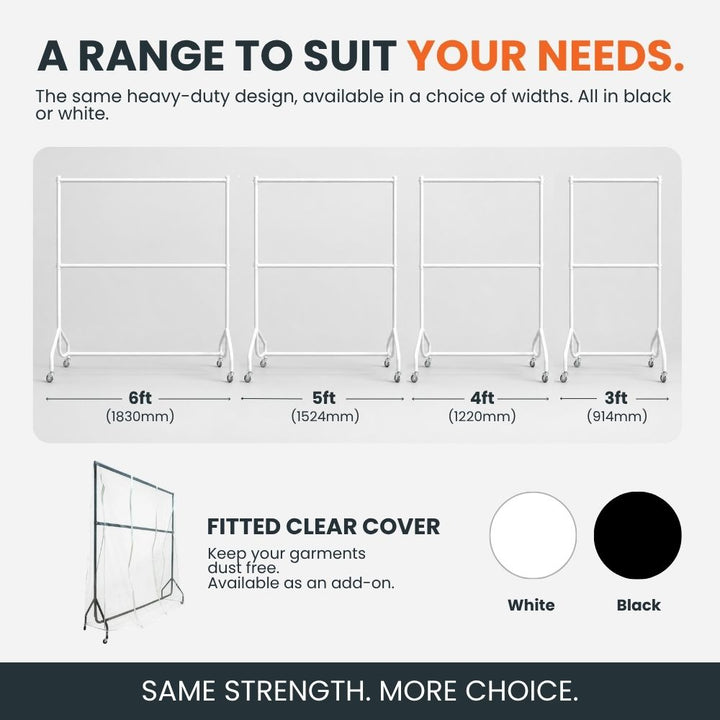 White two-tier heavy-duty clothes rail range available in 3ft, 4ft, 5ft and 6ft widths, with black and white options.