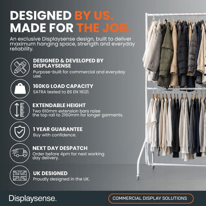 White two-tier heavy-duty clothes rail designed by Displaysense with 160kg load capacity, extendable height and castor wheels.