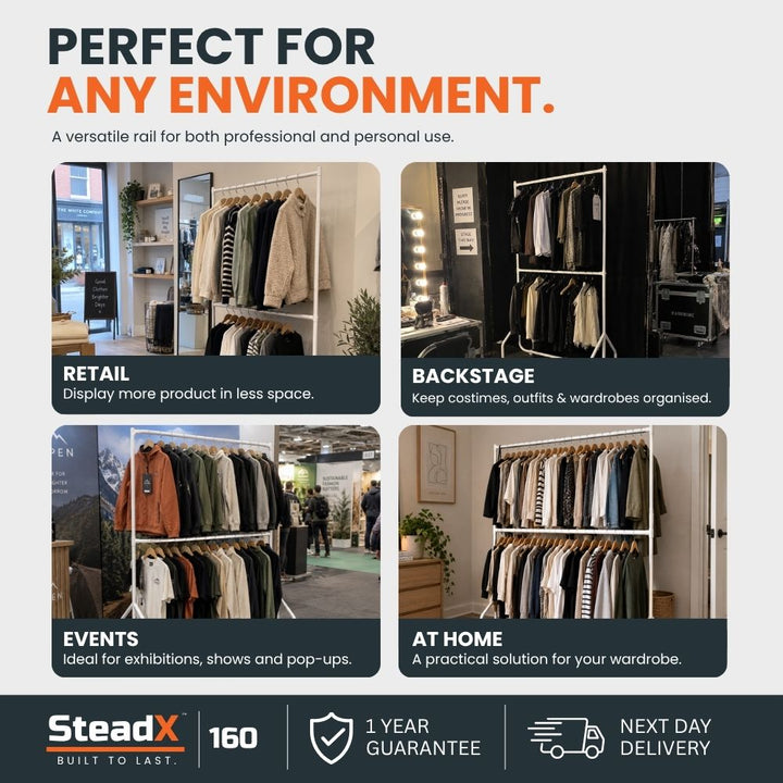 White two-tier heavy-duty clothes rail shown in retail, backstage, events and home environments.