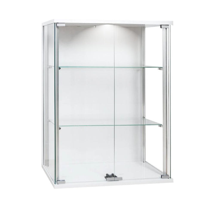 White 600mm wall-mounted display cabinet shown open with two adjustable tempered glass shelves and an integrated LED spotlight illuminating the white interior.