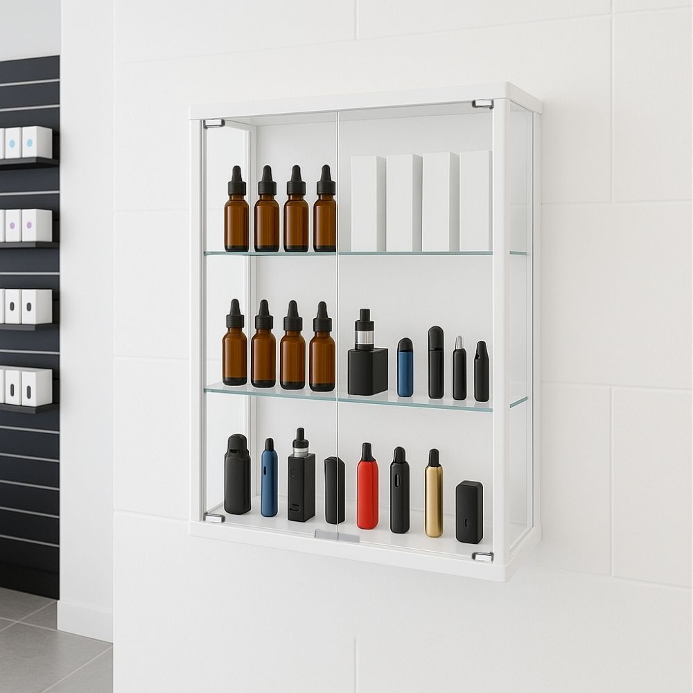 600mm Double White Wall Display Cabinet with 2 shelves Displaysense
