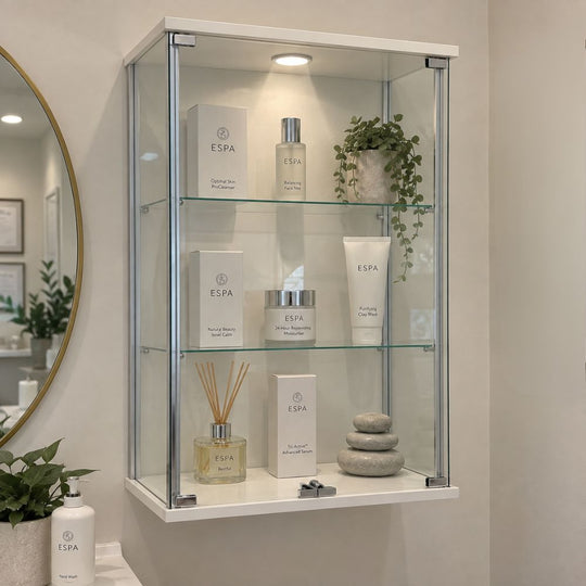 White Wall Mounted Double Door Display Cabinet with 2 Adjustable Shelves and LED Spotlight - 600mm Wide