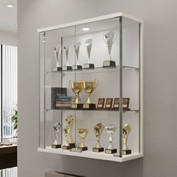 White wall-mounted display cabinet – 600mm wide unit with double glass doors and two adjustable internal shelves and LED spotlight